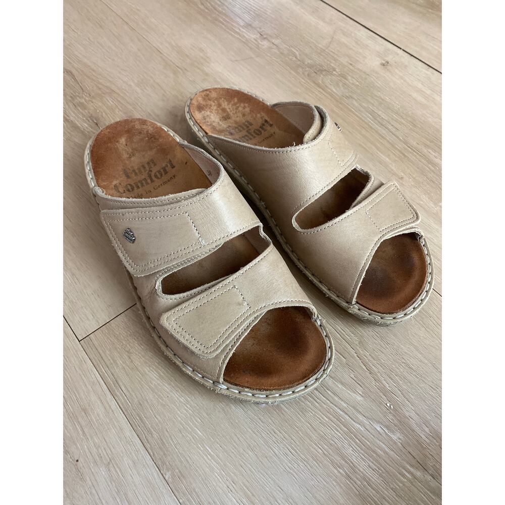 Finn Comfort slide sandal women’s size 38 beige leather slip on comfy casual